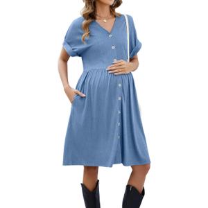 OUGES Womens 2025 Summer Maternity Dress Short Sleeve V Neck Button Down Pregnancy Casual Maternity Clothes with Pockets (Medium, Light Blue)