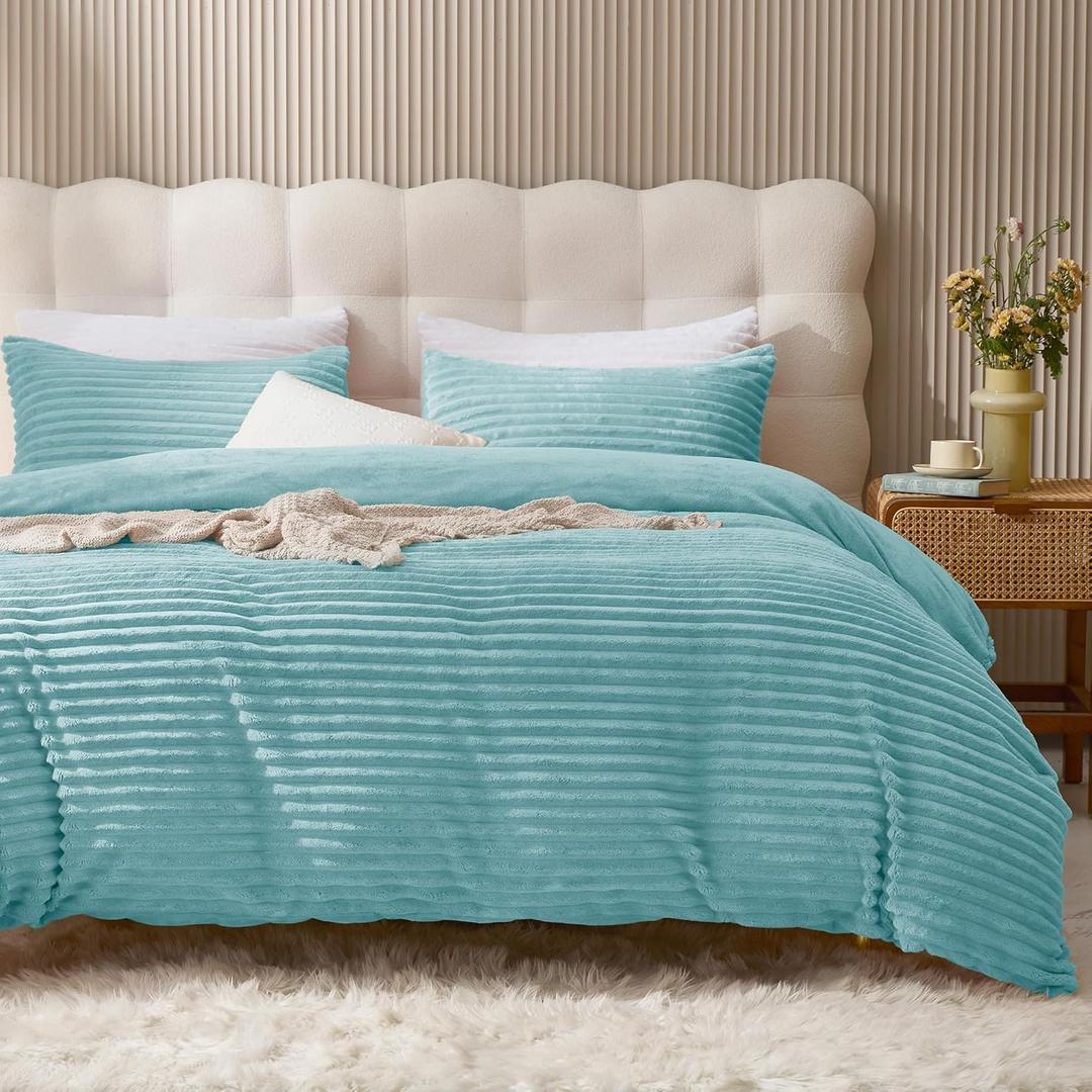 JELLYMONI Plush Duvet Cover Set - Queen Size Baby Blue Striped Fluffy Comforter Cover 3pcs Bedding Set Luxury Ultra Soft Faux Fur Duvet Cover with Zipper and 2 Pillowcases (NO Comforter)