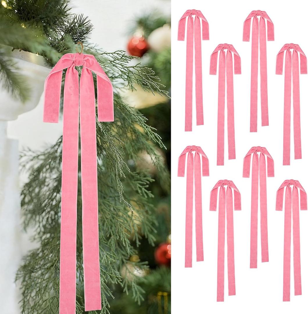 8PCS Velvet Christmas Bows, 23.6 x 15.7 Inches Christmas Velvet Bows, Large Vintage Pre Tied Velve Bow Ornaments for Xmas Staircases Wreaths Fireplaces Xmas Indoor Decoration (Pink)