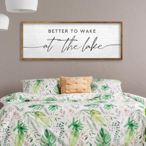 TQianJiang Lake House Decor Better To Wake At The Lake Sign 40"15" for Bedroom Above Over Bed Large Country Home Cabin Farmhouse Rustic Quote Wood Framed Wall Hanging Art (Wood)