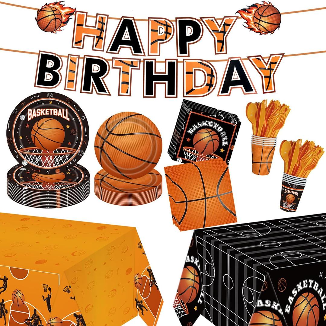 Basketball Party Decorations 171Pcs Basketball Party Supplies Disposable Basketball Tablecloth Paper Plates Cup Napkin Plastic Fork Knives Spoon and Banner for Sports Birthday Decorations