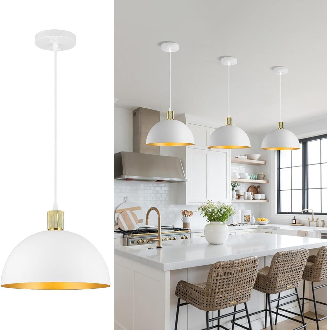 White Gold Pendant Lights Kitchen Island, 11.8" Modern Dome Pendant Light Fixtures Farmhouse Hanging Lights for Dining Room Hallway Sink Entryway