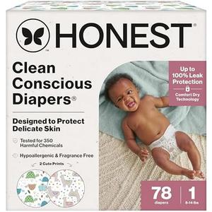 The Honest Company Clean Conscious Diapers for Delicate Skin, Up to 100% Leakproof Hypoallergenic Fragrance-Free Baby Diapers, Gender Neutral Prints, Club Box, Size 1 (8-14 lbs), 78 Count