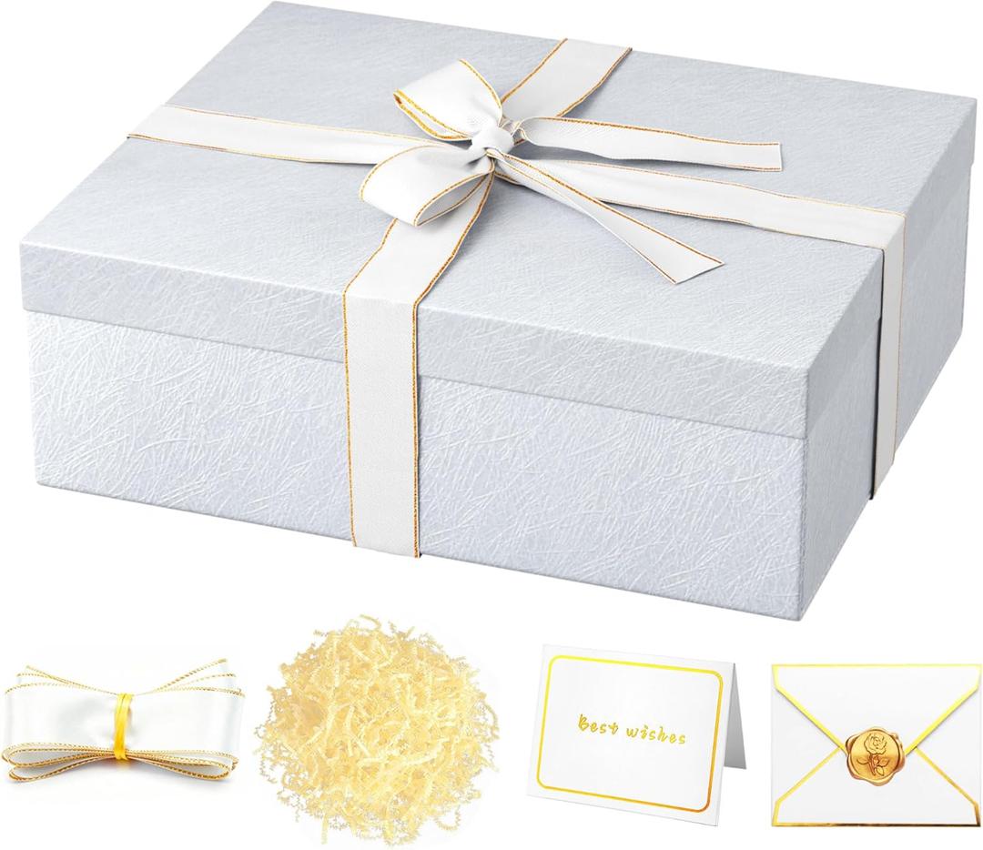 JOYIT White Gift Box 16.5''x13''x5.5'' - Large Gift Boxes with Lid for Presents Packaging, Birthday, Christmas, Wedding, Anniversary, Big Gift Box with Ribbon, Shred Filler, Card, Wax Seal (White)