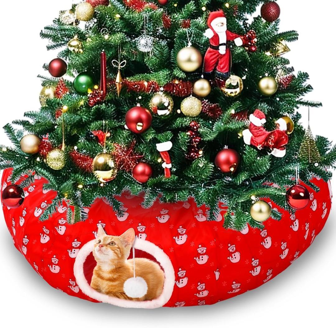 Soulchen Cat Tunnel with Christmas Tree Skirt, 35.8'' Cat Bed for Indoor with Hanging Ball, Xmas Festive Foldable Kitty Pipeline for Kittens Small Animal Christmas Decoration(Snowman)