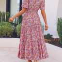 ZESICA Women's 2026 Summer Spring Floral Boho Maxi Dresses Casual Short Sleeve V Neck A Line Flowy Beach Vacation Dress (Pink)