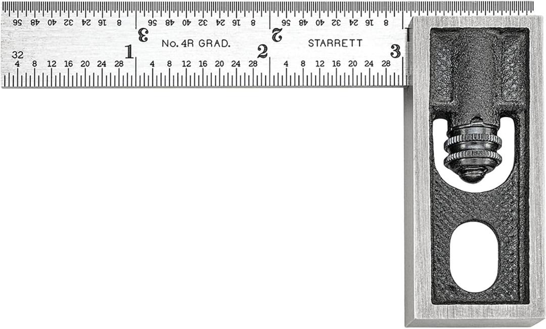Starrett Inch Reading Double Square with Satin Chrome Finish and Hardened Blade - 4" Blade Length, 32nds - 64ths Graduations - 13A