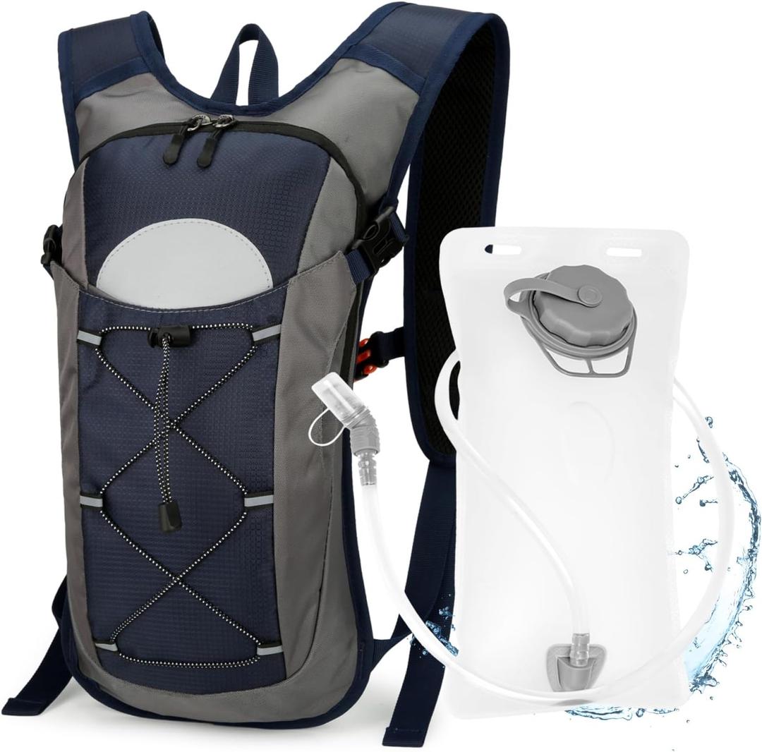 Hydration Backpack with 2L Water Bladder  Lightweight & Durable for Running, Hiking, Biking  Adjustable Fit for Men, Women, Youth (Blue+Gray)