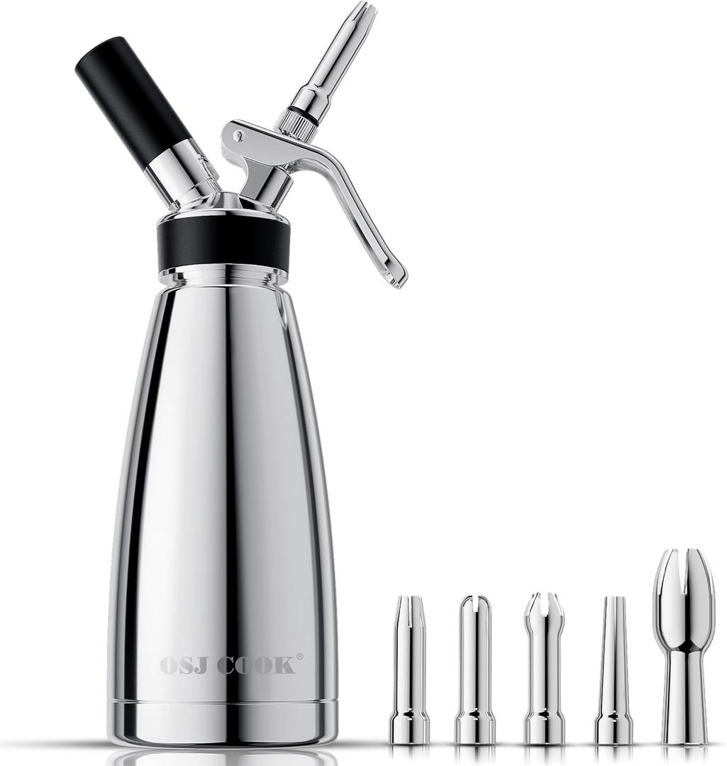 Whipped Cream Dispenser Stainless Steel Keep Warm and Cold,500mL/1 Pint Double Wall Thermos Whipped Cream Maker,5 Various Stainless Decorating Nozzles,1 Cleaning Brush,N2O Chargers NOT Included