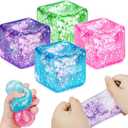 4 Pack Glitter Ice Cube Squishy Fidget Toys, Squishy Cube Stress Balls for Adults & Kids, Slow Rising Stress Relief Toys, Squeeze Ball Filled with Thick Substance and Glitter