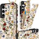 Petitian for Samsung Galaxy S25/S24 Case with Wallet - Women Girls Cute Girly Aesthetic Unique Design with Leather Credit Card Holder Cardholder Stand Wristband, Vin Flower