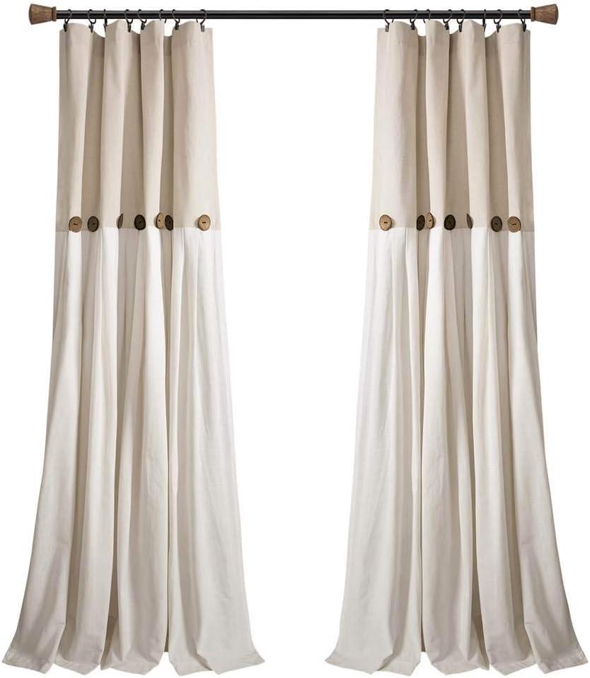 Lush Decor Linen Button Window Curtain Panel, Single, 40" W x 95" L, Linen- Country Curtains - Rustic Decor - Color Block - Modern Farmhouse Curtains