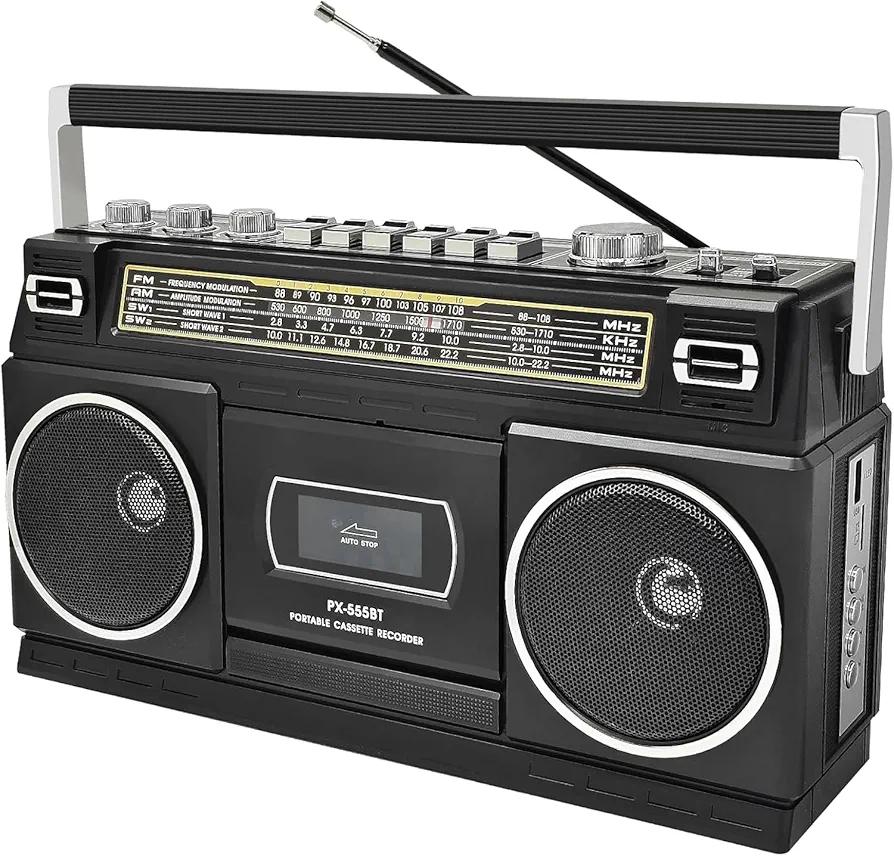 Cassette Player Boombox with Bluetooth, AM/FM/SW Radio & Record to USB, 24W Stereo Sound, 4 Power Modes, Portable Retro Stereo for Indoor Outdoor, Classic Black