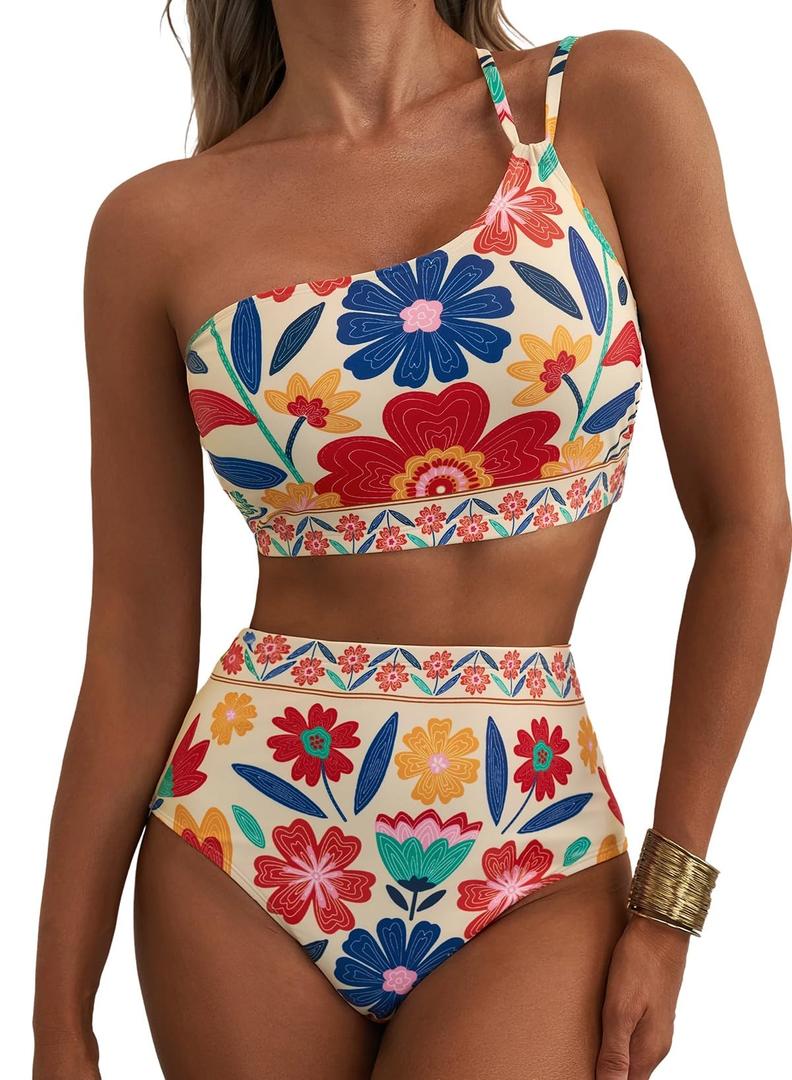 Herseas Women's High Waisted Bikini Sets One Shoulder Floral Print Swimsuits 2 piece Tummy Control Bathing Suits, XL
