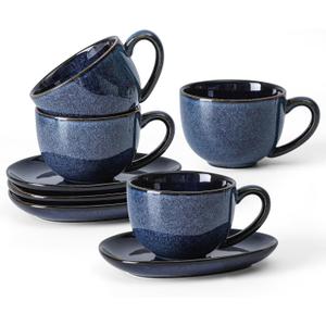 vicrays 6.5 oz Cappuccino Cups with Saucers, Set of 4, Ceramic Coffee Cup for Au Lait, Double shot, Latte, Cafe Mocha, Tea (Starry Blue)