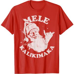 Retro Christmas Surf, Mele Kalikimaka Santa Shaka Hawaii T-Shirt, Red, L