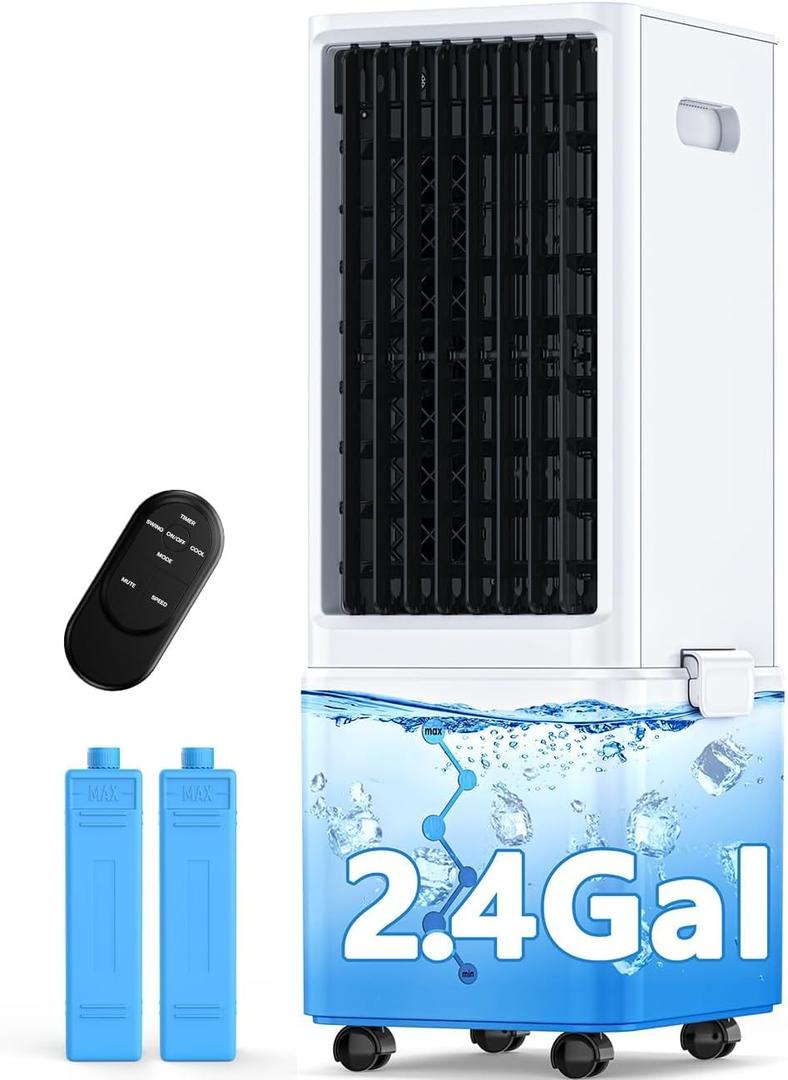 Windowless Air Conditioner w/ 4 Modes & 3 Speeds, Waterless Alert, 2.4-Gal Tank for 20H Cooling, 12H Timer, 20FT Remote, 70° Auto Swing Evaporative Air Cooler, Portable AC Unit for Bedroom
