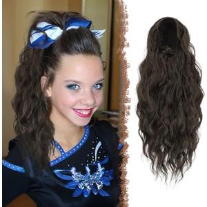 FESHFEN Cheer Ponytail Extensions, 18 inch Long Curly Wavy Drawstring Ponytails Synthetic Pony Tail Hairpieces for Women, Brown
