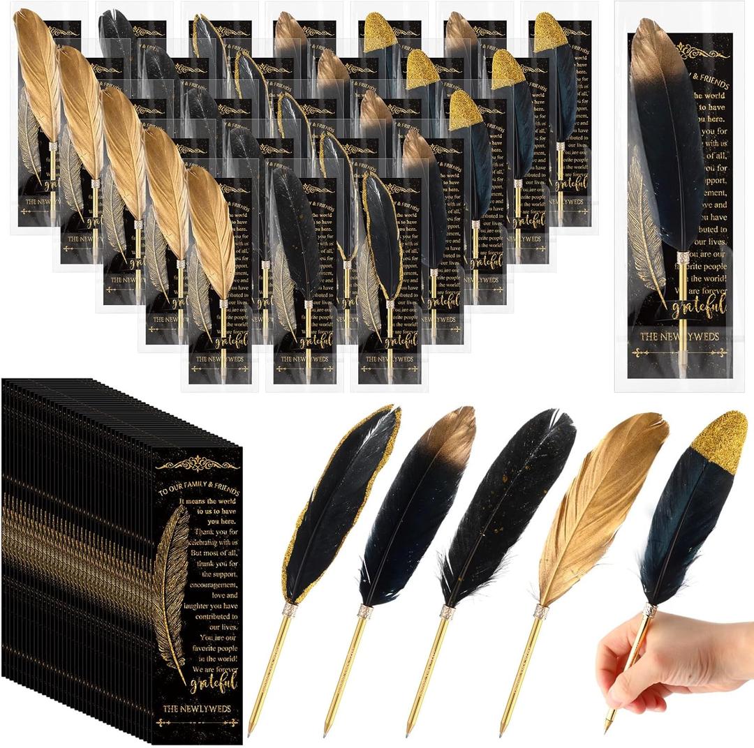 Spakon 25 Sets Feather Pen Wedding Favors Bulk bridal Shower Quill Ballpoint Pens Gold Vintage Bridal Shower Favors with Thank You Tags Wedding Gifts Souvenirs for Guest Signature(Elegant)