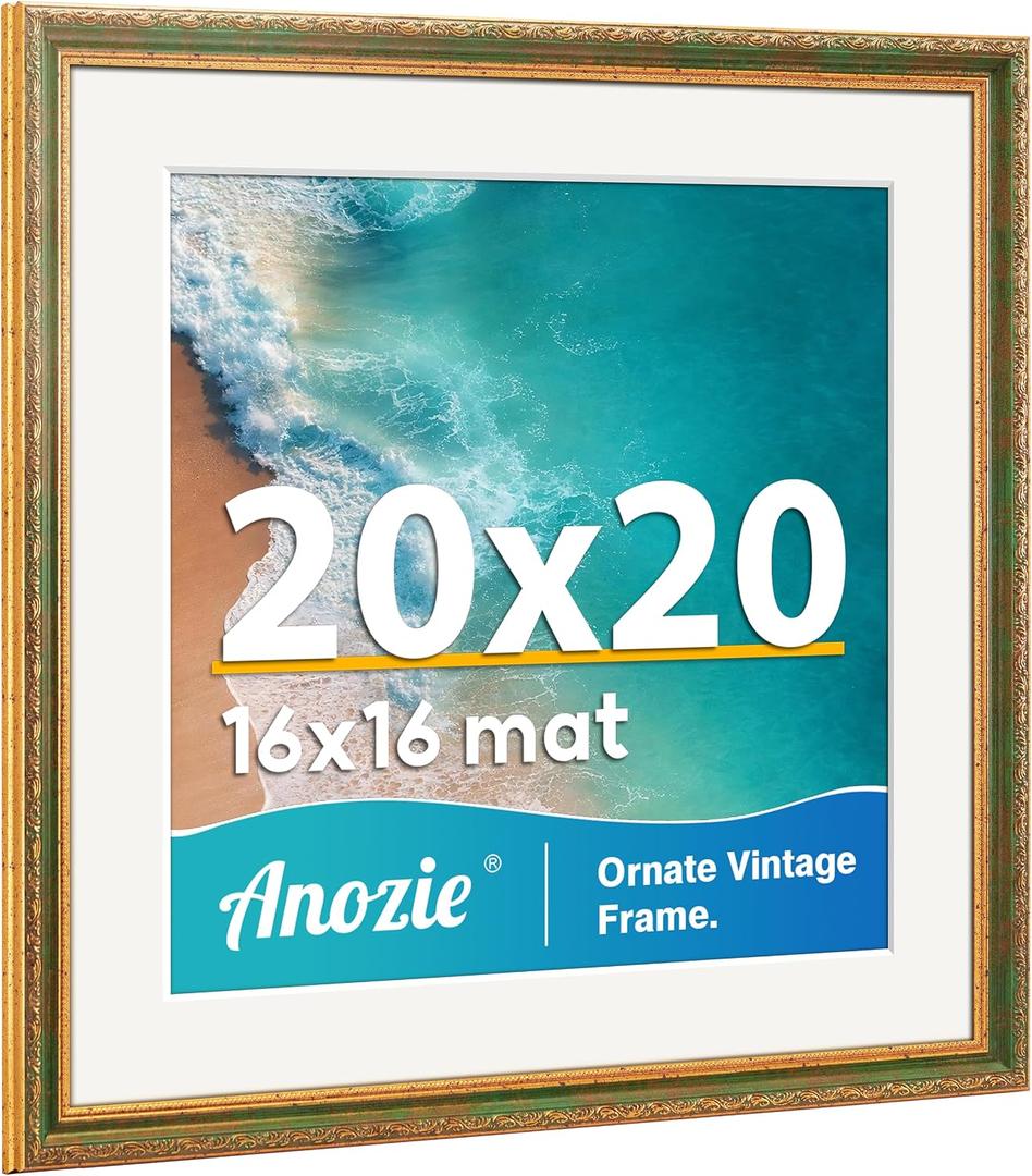 Vintage 20x20 Frame, Antique Gold Photo Frames with Plexiglass Front,Ornate Square 20x20 Picture Frame Display 16x16 with Mat or 20 x 20 Frame Without, Wall Décor,1 Pack,Green