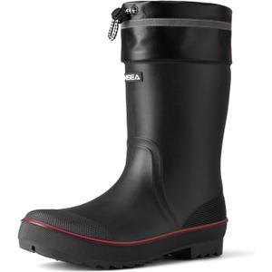 HISEA Men's Rubber Rain Boots Waterproof Durable Non Slip Mid Calf Boots for Garden Fishing Outdoor with Adjustable Closure (9, Black W/Redtrim)