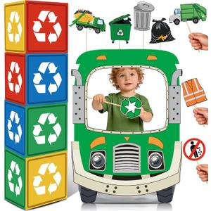 Trash Truck Birthday Decorations, Garbage Truck Photo Booth Props Set, Garbage Truck Cardstock Standee with Recycling Box Decorations for Birthday Party or Baby Shower Decor