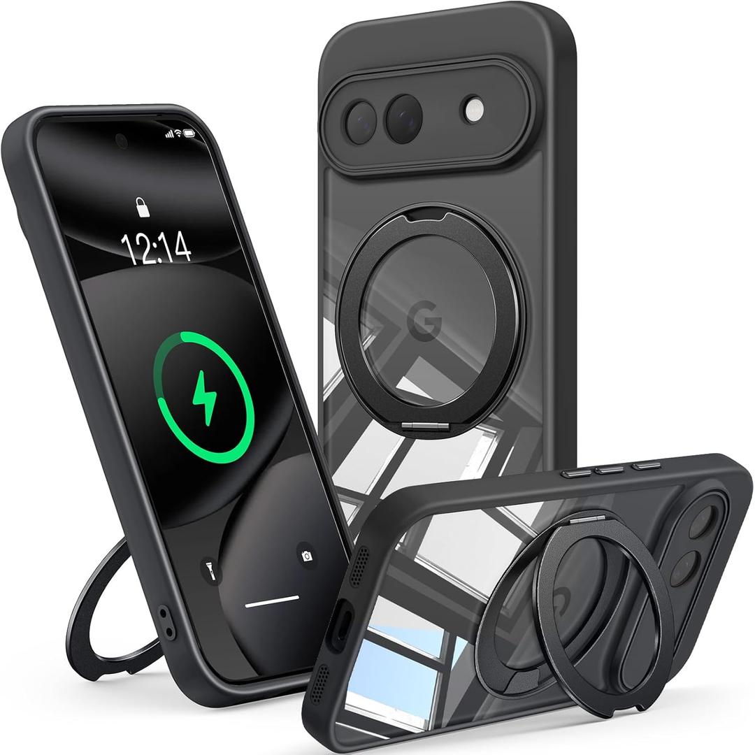 360 Spin Magnetic Stand Case for Google Pixel 10A Fit for MagSafe & Pixelsnap Cover with Ring Holder No-Yellow Crystal Clear Camera Protection Phone Google Pixel 10A Case - Black