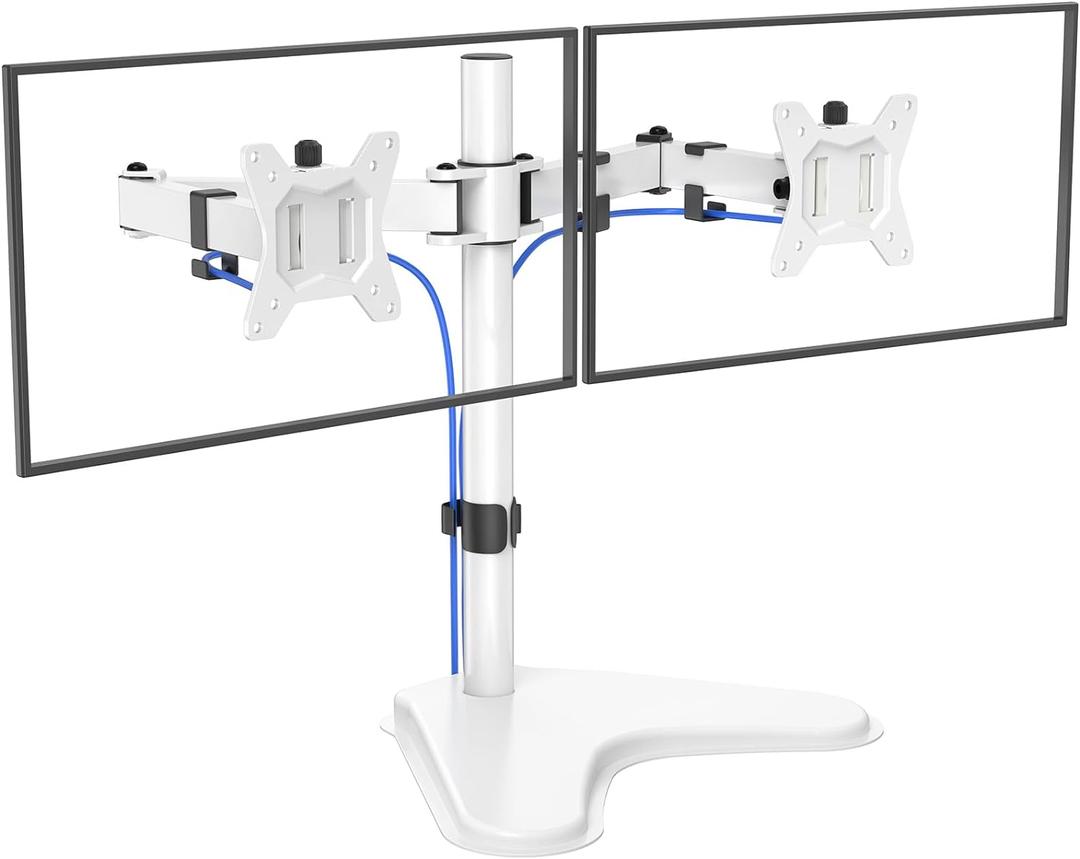 HUANUO 32 inches Dual Monitor Stand up to 17.6lbs, High-Grade Aluminum Free-Standing Dual Monitors Mount for 2 Screens. Fully Adjustable Dual Monitor Stand for Desk with Tilt, Swivel, Rotation, White