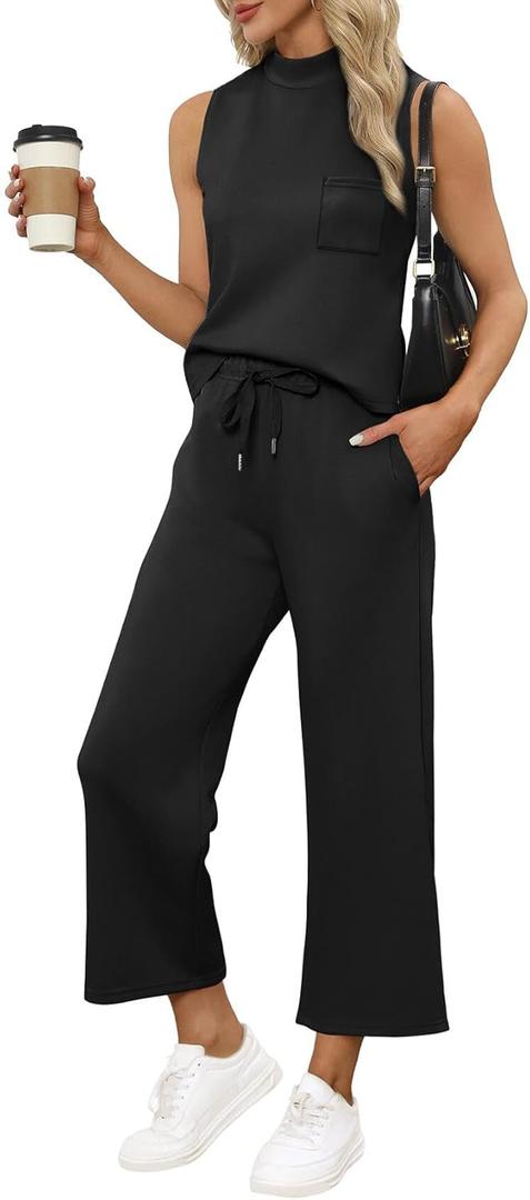 WIHOLL Two Piece Sets for Women Summer Vacation 2025 Matching Sets Women Clothing Resort Wear Holiday Airport Cruise Travel Outfits for Airplane Comfy Petite Lounge Sets Black L