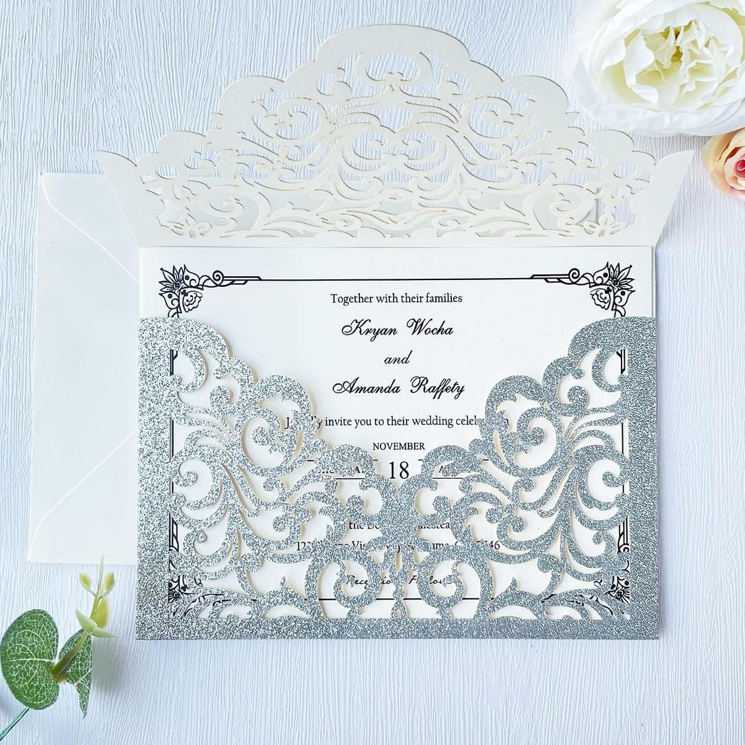 5.1 x7.1 inch 50PCS Silver Glitter Flora Laser Cut Wedding invitation Pocket with Envelopes Wedding Invitations Kit for Quinceanera Bridal Shower Party Invite