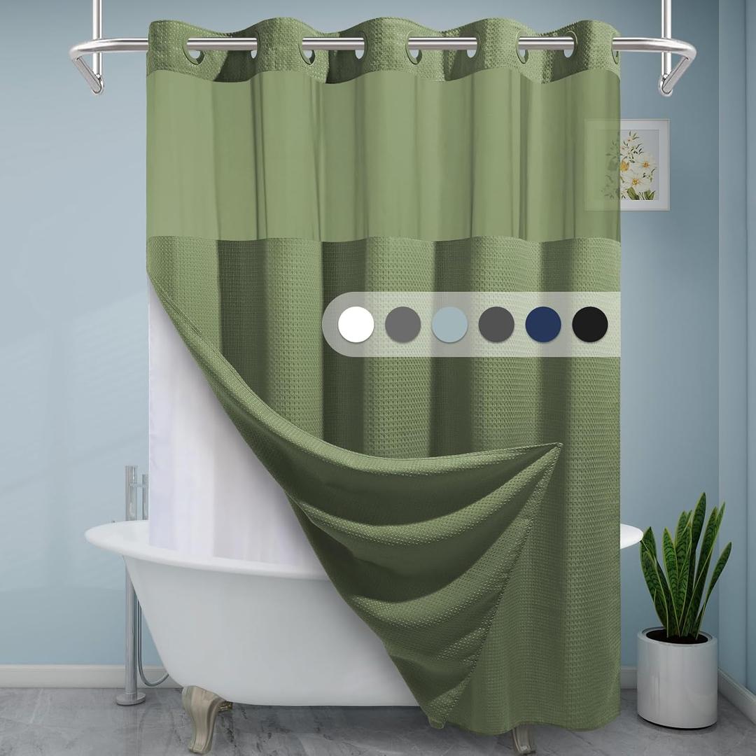 Sage Green Hotel Shower Curtain - 230GSM Waffle Textured Heavy Duty Thick Fabric Shower Curtains for Bathroom, 71W x 74H (71"W x 74"L (Pack of 1))