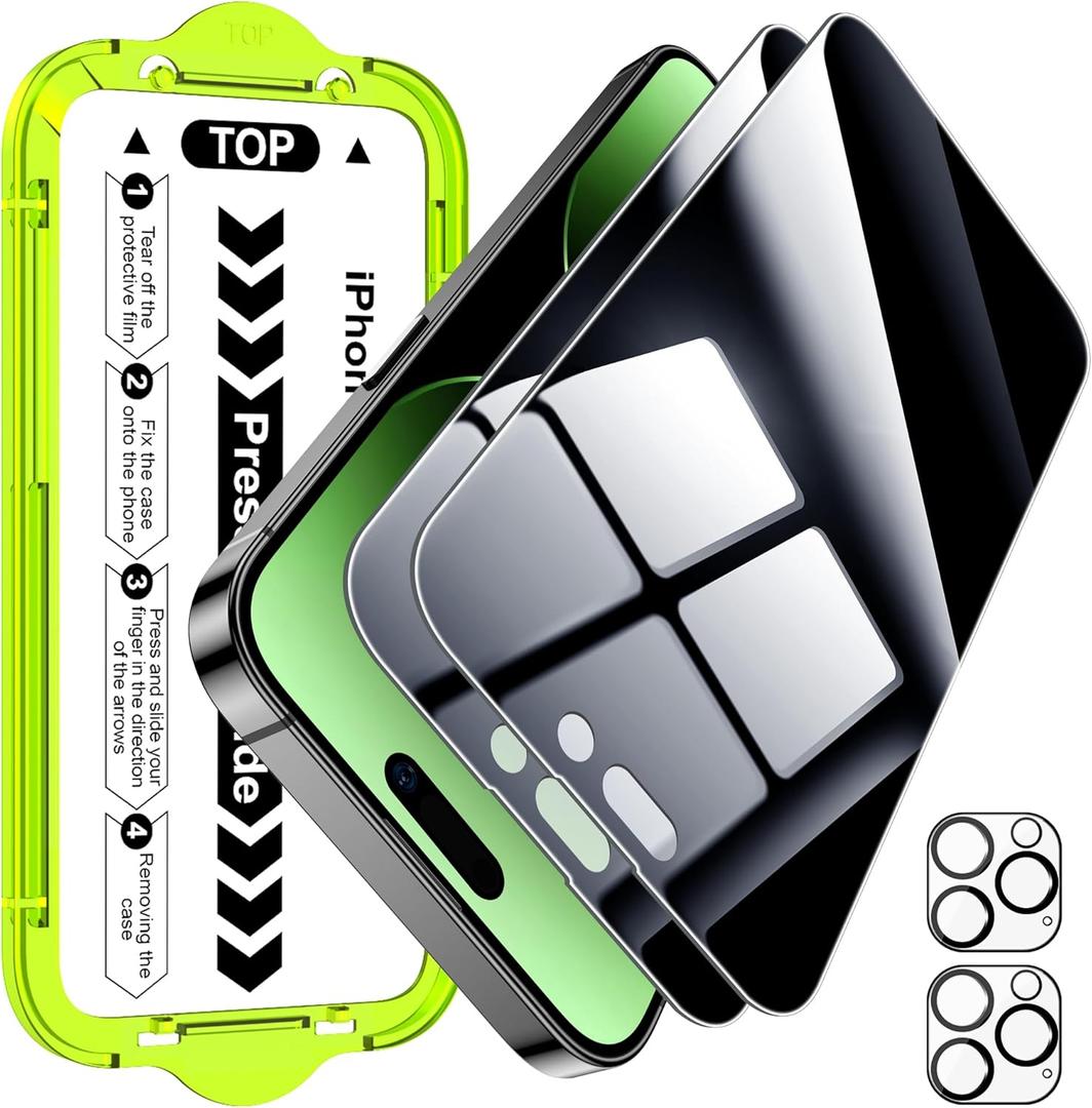 Esanik [2+2 Pack for iPhone 14 Pro Privacy Screen Protector  Anti-Spy Tempered Glass & Camera Lens Cover, Military-Grade 9H Hardness, Anti-Scratch, Flawless Fit Tray