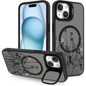 OOK Magnetic Case for iPhone 15 with KicstandCompatible with Magsafe Built-in Camera Stash Stand Slim Translucent Matte Case for iPhone 15, Black Wildflowers Pattern (6.7")