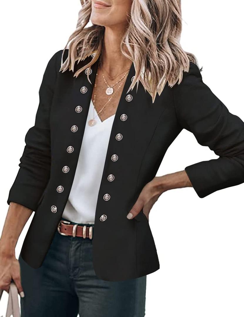 GRAPENT Women's Business Casual Buttons Pockets Open Front Blazer Suit Cardigan (Black, S)