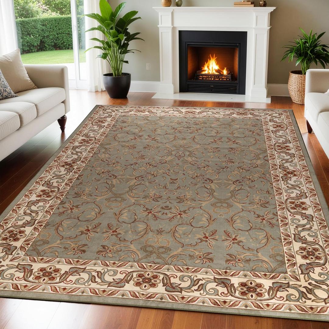 Superior Indoor Area Rug, Jute Backed Rugs for Bedroom, Living/Dining Room, Office, Entryway, Hallway, Kitchen, Traditional Floral Scroll Floor Decor, Heritage Collection, 10' x 14, Green,