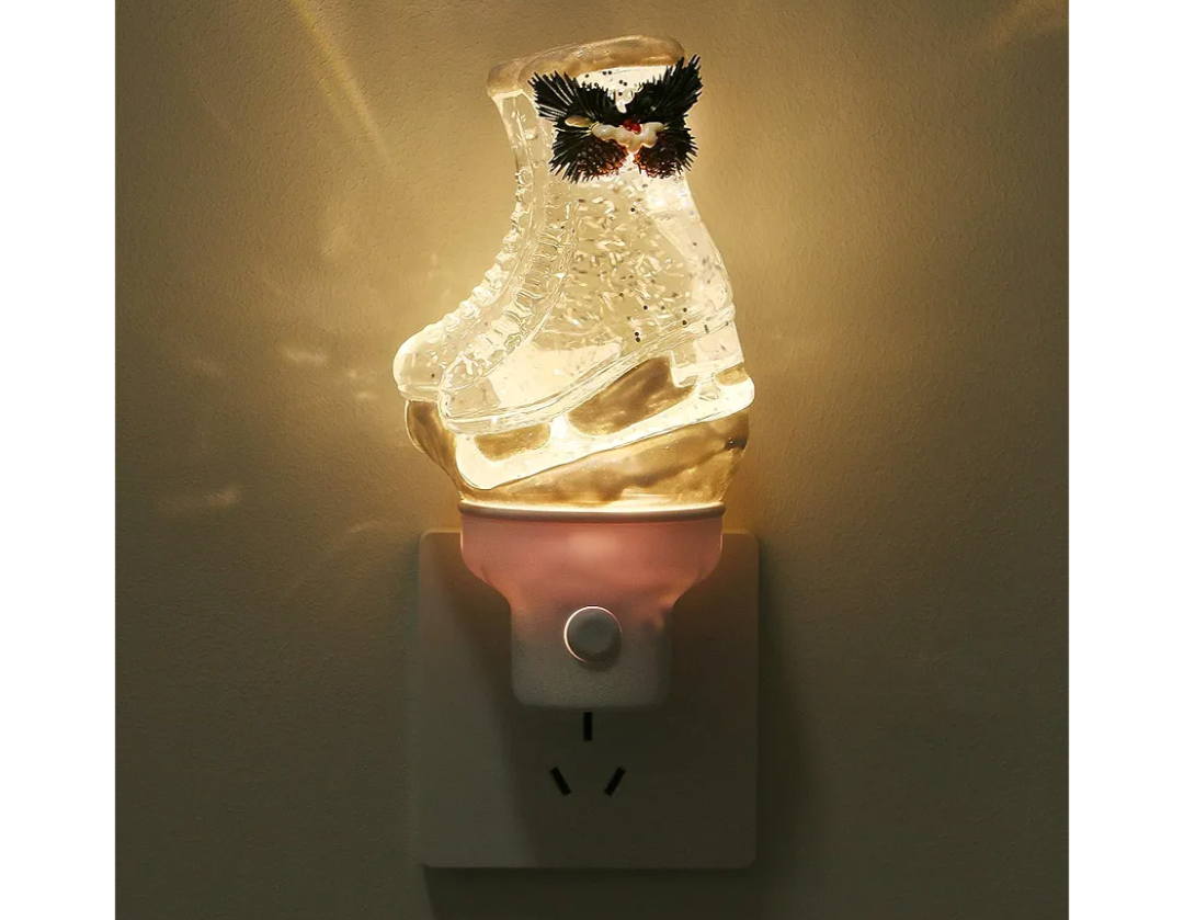 Christmas Night Light Plug into Wall Glitter Water Nightlight with USB/Outlet Options, Christmas Ski Boots Decorative Nightlight for Bedroom Kitchen Nursery Holiday Decorations Gifts (Ski Boots