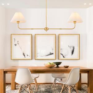 Gold Linear Chandelier, 2-Light Modern Chandelier for Dining Room Light Fixture, Kitchen Island Lighting with White Fabric Shade Linear Pendant Lights for Restaurant, Living Room, Bedroom