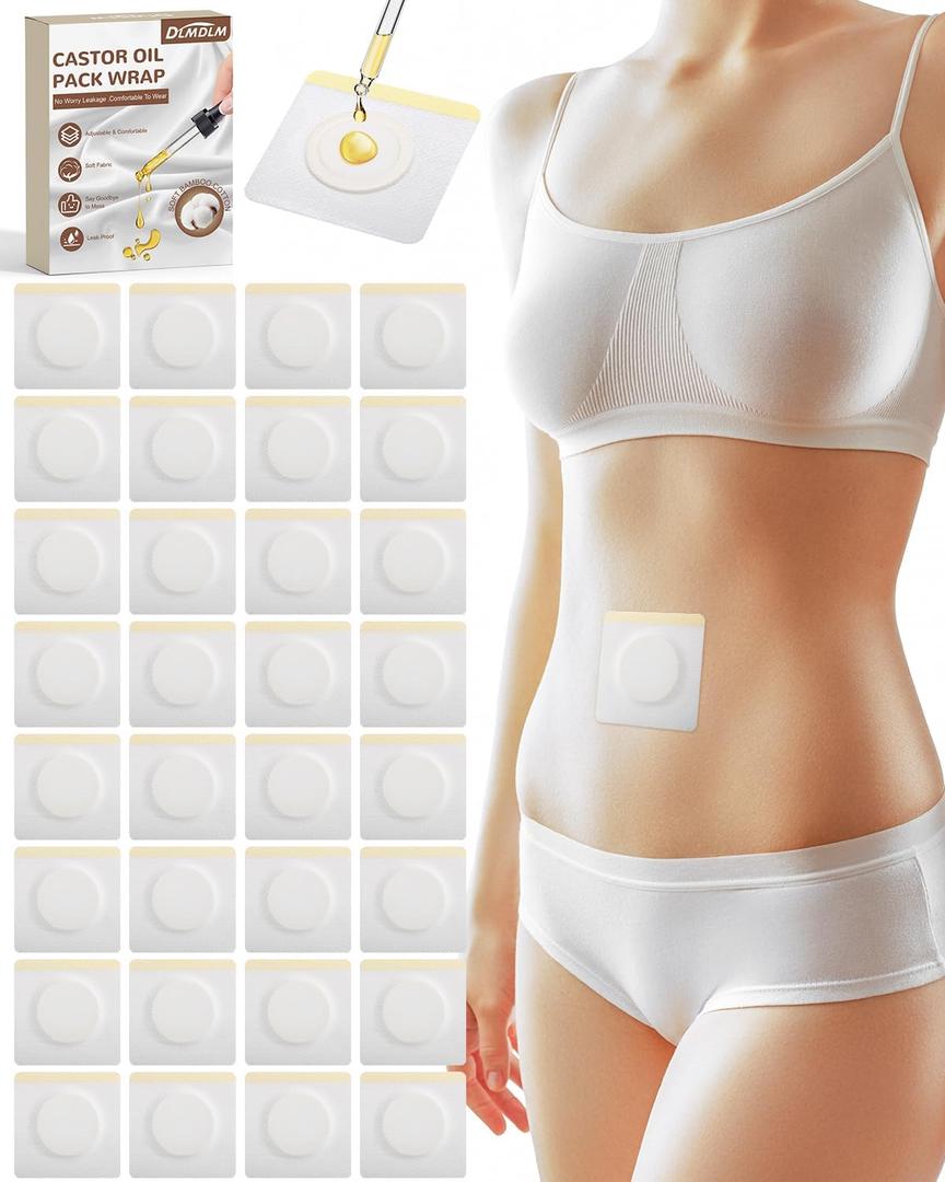 32Pcs Disposable Castor Oil Patches for Belly Button, Hypoallergenic Castor Oil Pack Wrap, Self-Adhesive Belly Button Cover with Highly Absorbent Cotton Pad for Anti-Leakage