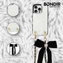 Crossbody Case for iPhone 15 Pro with Gold and Black Vegan Leather Woven Chain - White Fur