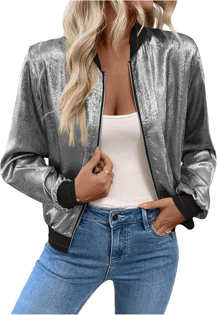 Verdusa Women's Metallic Zipper Bomber Disco Party Jackets Outwear Long Sleeve Lightweight Jacket Coats Black, Large