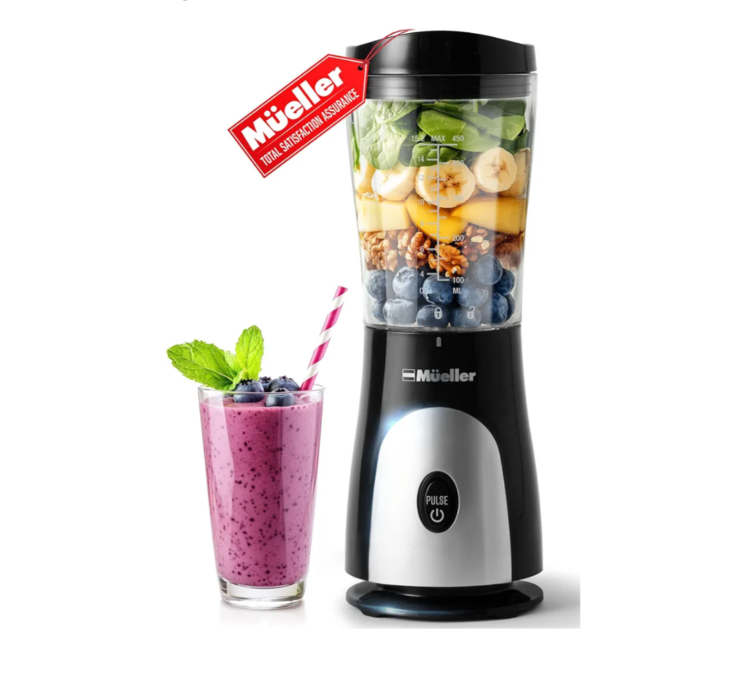 Mueller Smoothie Blender for Smoothies - Personal Blender for Shakes, Frozen Drinks, Baby Food & More, 15oz Travel Cup and Lid, Durable Stainless Steel Blades for Powerful Blending Performance, Black