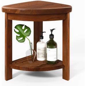 Solid Teak Shower Stool with Shelf for Shaving Legs, Small Corner Bench for Foot Rest, Heavy Duty Wood Bathseat Near Bathtub, Easy Assembly
