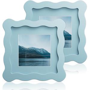 4x4 Wavy Picture Frame With Mat For 3x3, Wavy Edge Wooden Picture Frame with Real Glass - Wall Mount and Tabletop Display, Blue, 2 Pack
