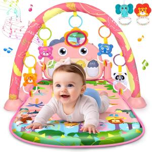 UMIKU Baby Play Mat Baby Tummy Time Mat Activity Center for Newborn Infant Piano Play Gym Mat Music & Light Babies Gifts Boy Girl for Babies 0-6 6-12 Months, Pink Dinosaur