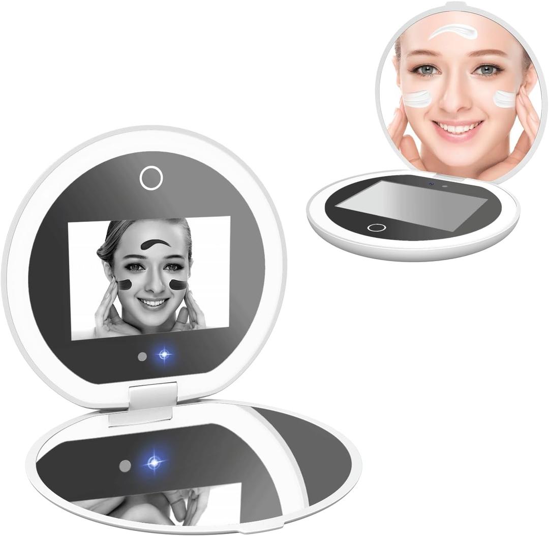 Mocado Compact LED Travel Makeup Mirror - 4 Inches 1X/10X Magnification Travel Mirror with Light Dimmable Smart UV Camera UV Mirror for Sunscreen Test Skin Sun Protection