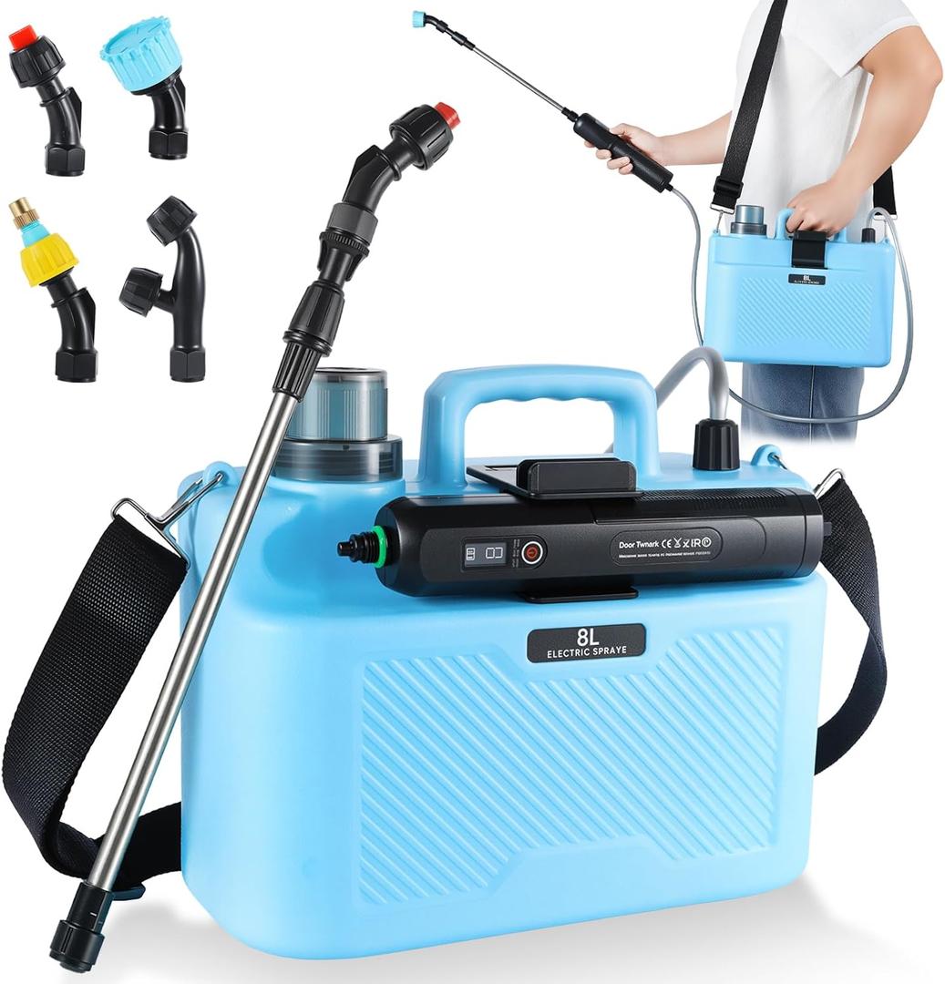 2 Gallon Electric Garden Sprayer, Battery Powered Pump with 6 Spray Modes, 4 Durable Nozzles, USB Rechargeable, Retractable Wand & Adjustable Strap for Lawn Garden Weed Control, Blue