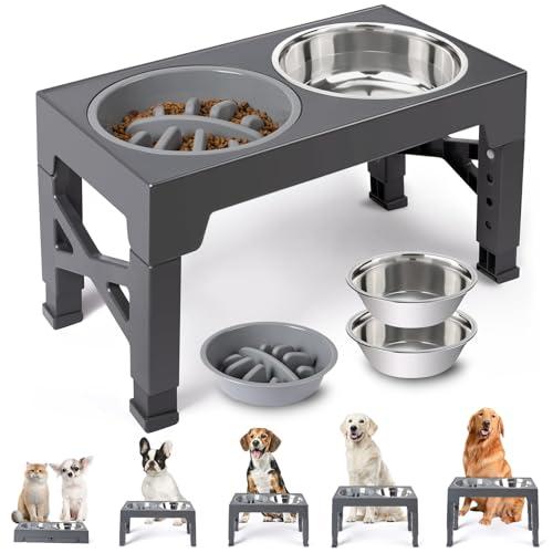 Heeyoo Elevated Dog Bowls - 5 Adjustable Heights Stand, 2 Stainless Steel Bowls & 1 Slow Feeder, Adjusts 3.2" to 12.2" for Small to Large Dogs