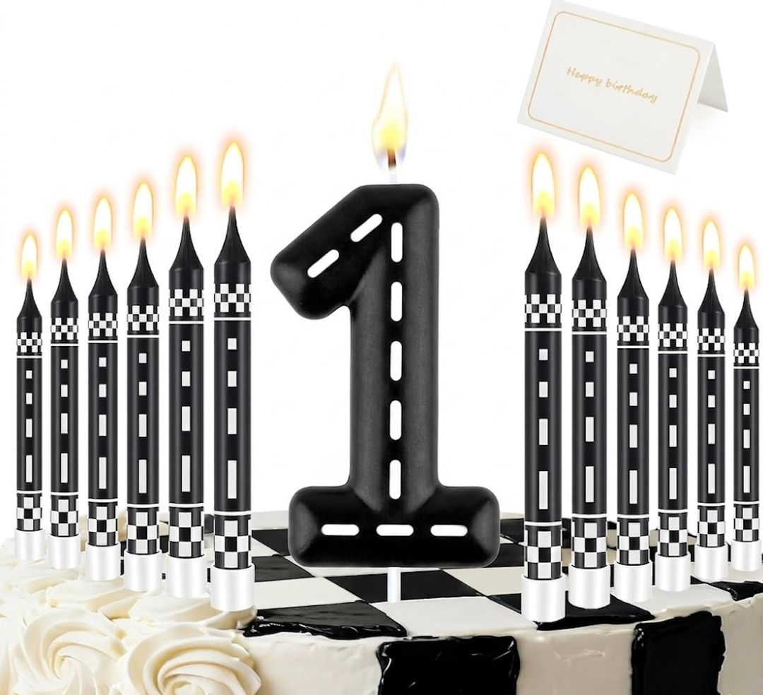 Racing Car Birthday Number Candle with Card, 2.4 inch Cake Topper for Race Car Party Decoration, White Black Checkered Number Candles for Racing-Themed Celebrations Supplies(Black, Number 1)