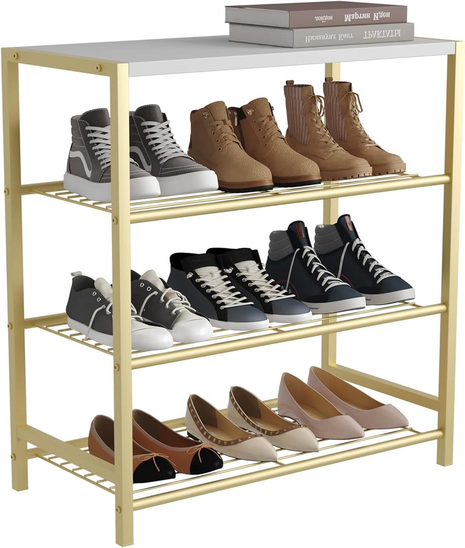 HOMEFORT 4-Tier Shoe Rack, Shoe Storage Shelf, Industrial Shoe Tower, Narrow Shoe Organizer for Closet Entryway, Small Shoe Rack Table with Durable Metal Shelves, Gold