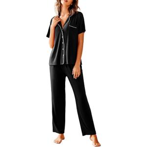 Avidlove Women Pajamas Set Notch Collar Soft Sleepwear Pjs Short Sleeve Button Down Nightwear with Long Pants (Medium, Black)